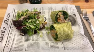Vegan burrito with salad ( w/ vegan “honey” mustard sauce ) at Cocome in Sevilla