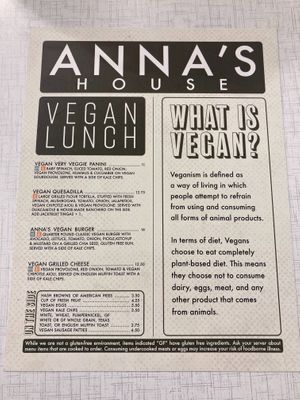 Vegan Lunch Menu 05/01/2021 at Anna's House in Westland