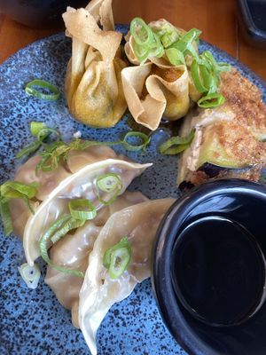 Veggie guiozas, pumpkin troxinhas and tofu/aubergine in breadcrumbs   at Sushimar Vegano in Sao Paulo