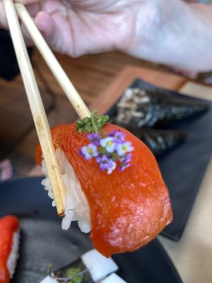 Red pepper sushi roll  at Sushimar Vegano in Sao Paulo