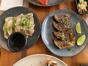 Gyoza with shiitake and miso eggplant.  at Sushimar Vegano in Sao Paulo