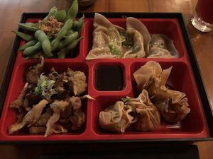 Entry platter with edamame, dumplings, mushrooms     at Sushimar Vegano in Sao Paulo