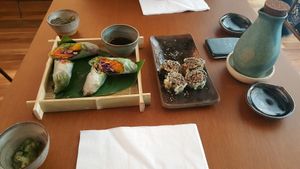 Spring rolls and shiitake hot rolls at Sushimar Vegano in Sao Paulo