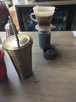  Cold brew and hazelnut cappuccino In our own cups at Kaldi Kafekoptio in Athens