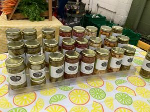Pickled foods vendor  at Madrona Farmers Market in Seattle