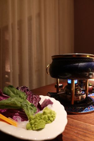 Mushroom hot pot with veggies   at Qian Yue Ming in Chongqing