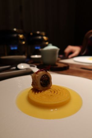 Nurturing all things, mushroom and enoki fried roll with corn cake  at Qian Yue Ming in Chongqing