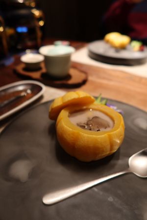 Jinyu Hangtang, Taro root stew, lilies, foxtail millet, golden mushroom, black truffles and wild rice  at Qian Yue Ming in Chongqing