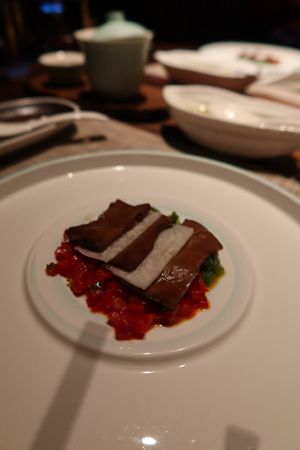 Beef liver mushroom, yams and chilli sauce  at Qian Yue Ming in Chongqing