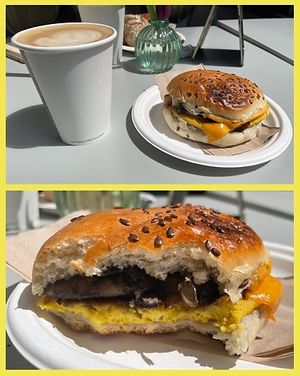 Toasted brunch bap and oat latte at East Village Cafe in Bristol