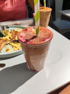Red velvet iced latte at East Village Cafe in Bristol