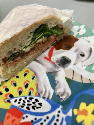 Ciabatta sandwich on a gorgeous puppy plate   at East Village Cafe in Bristol