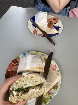 mushroom and cream cheese sandwich (also obsessed with the dachsund plate)  at East Village Cafe in Bristol