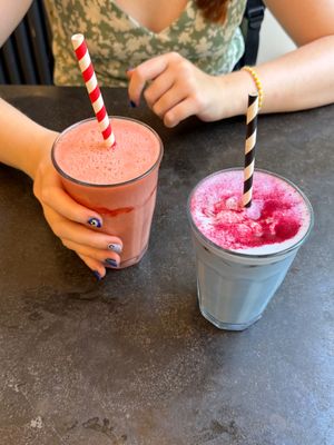 Strawberry Dream Smoothie (left) and Iced Lavender Latte (right) at East Village Cafe in Bristol
