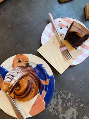 Cinnamon Knot (left) and Chocolate Bundt Cake (right) at East Village Cafe in Bristol