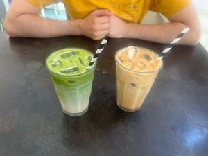 Iced Matcha Latte & Iced Popcorn Lattee  at East Village Cafe in Bristol