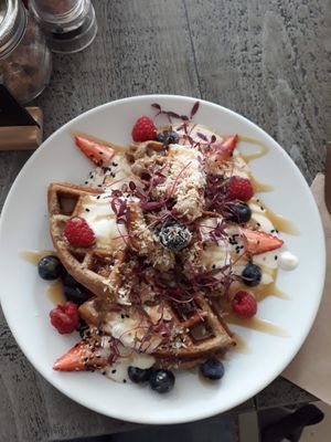 Buckwheat waffles at East Village Cafe in Bristol