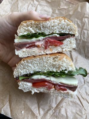 Vegan ham and mozzarella sandwich  at East Village Cafe in Bristol