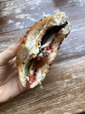 Vegan sandwich with 'ham’ at East Village Cafe in Bristol
