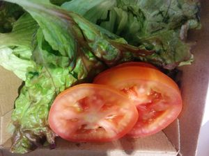 Deconstructed animal burger's bun,  lettuce and tomato - cause it wouldn't be eaten for a few hours. at Next Level Burger - Concord in Concord