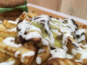 Great job with the new menu! Bacon, mushroom, cheese crinkle fries!!!!!!!!!!! at Next Level Burger - Concord in Concord