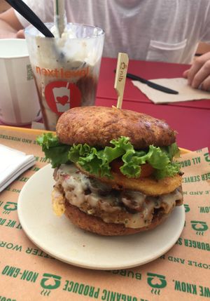 Brekkie burger and peanut butter cup shake  at Next Level Burger - Concord in Concord
