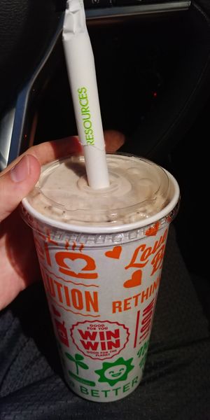 $7.95 Brownie Explotion Milkshake: Really good, compostable wide straw at Next Level Burger - Concord in Concord