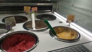 Vegan frozen dessert in salted caramel, raspberry, and mango flavors. at Angelic Desserts in Naples