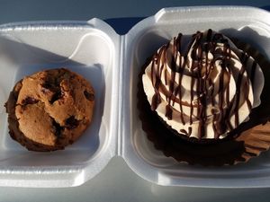 Vegan chocolate chip cookie and vegan mini chocolate cake with peanut butter frosting. at Angelic Desserts in Naples
