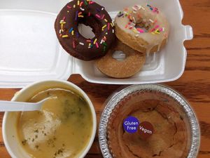 Vegan donuts, potato leek soup, and naughty pie with chocolate and peanut butter at Angelic Desserts in Naples