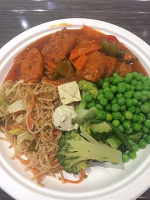 My favorite lunch combo - veggies, noodles and soy meat!  at Loving Hut - Spalena in Prague