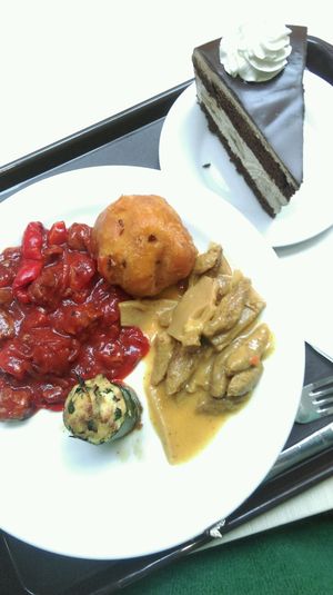 buffet food and chocolate cake at Loving Hut - Spalena in Prague