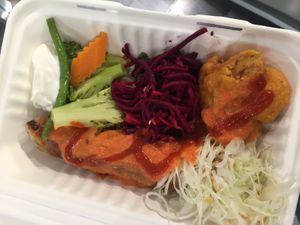 95czk for one spring roll, one tempura broccoli, little bit of steamed veg and two pinches of raw salads with sauce.  at Loving Hut - Spalena in Prague