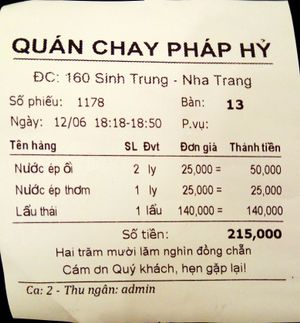 Our dinner bill at Phap Hy in Nha Trang
