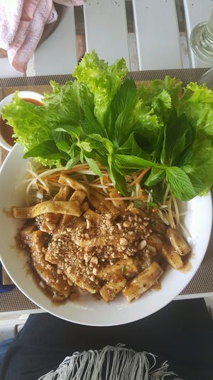 Caramelized tofu with fresh rice noodles at Mai Jo Restaurant in Phu Quoc
