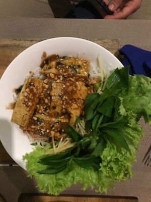 Caramellized Tofu with ricenoodle salad at Mai Jo Restaurant in Phu Quoc