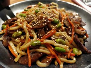 Teriyaki Udon with edamame, carrot and mushroom. at Soul ALife in Central Singapore