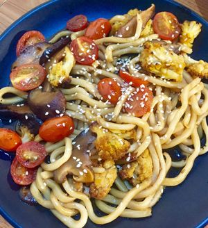 Teriyaki udon with cherry tomatoes, mushrooms, turmeric cauliflower  at Soul ALife in Central Singapore