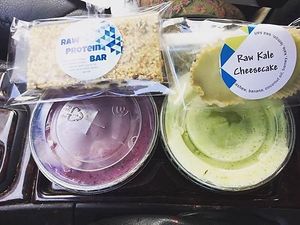Blue's Tonic and Strong Man smoothies. Raw Sesame bar and Raw Kale Cheesecake. Photo by Rebecca Bochenek at Wild Blue in Grand Haven