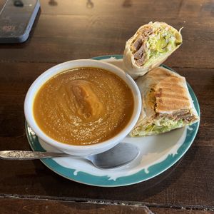 Sweet potato soup and Seitan Steak wrap  at The Minga Cafe in Dunnville