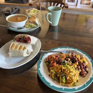 Grilled veggie quinoa wrap and trio salad  at The Minga Cafe in Dunnville