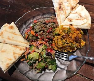 I chose 3 salads ($6) and added Naan ($2). All vegan, a lentil salad, a Thai salad and my favourite was the broccoli chickpea curry salad. The naan was nice and warm! All delicious at The Minga Cafe in Dunnville