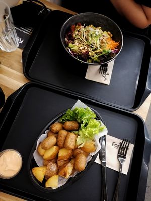 Lentil rolls & potatoes for me, quinoa bowl for my friend at Forky's - Trnava in Trnava