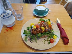 Broodje "kip"sate with soy cappuccino at Bairro Alto in Nijmegen