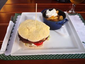 Veggi Burger with a bean bun at Klopa in Sarajevo