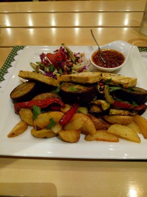 Vegan dish with seitan and tofu at Klopa in Sarajevo