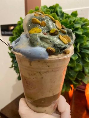 Raw vegan pistachio spirulina carob banana whip! No added sugar!  at Happy Zoe Vegan Bakery in Brooklyn