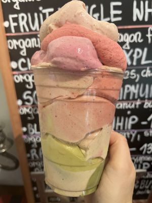 Raw vegan matcha strawberry banana whip! No sugar! Only fruits! Better than ice cream!   at Happy Zoe Vegan Bakery in Brooklyn