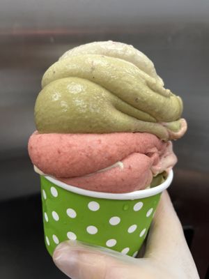 Raw vegan matcha strawberry banana whip! No sugar! Only fruits!   at Happy Zoe Vegan Bakery in Brooklyn