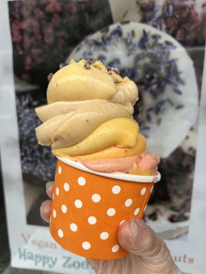 Raw vegan mango cacao nibs strawberry banana whip   at Happy Zoe Vegan Bakery in Brooklyn